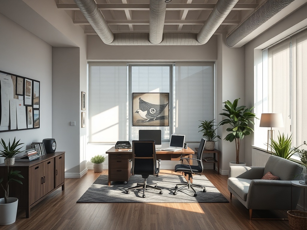 Современный офис с большими окнами, деревянным полом и стильной мебелью, включая стол и кресла.