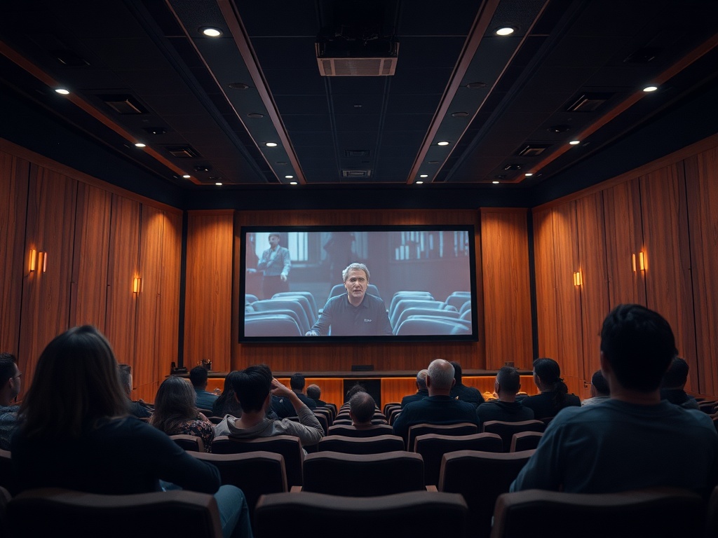 В кинотеатре группа зрителей смотрит фильм, отображающий сцену с актёром на экране.