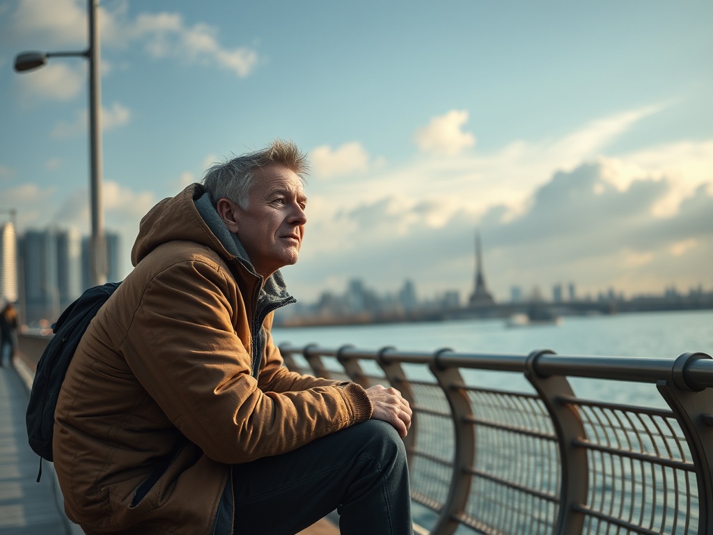 Мужчина в куртке сидит на набережной, глядя на город и удалённую Эйфелевую башню на горизонте.