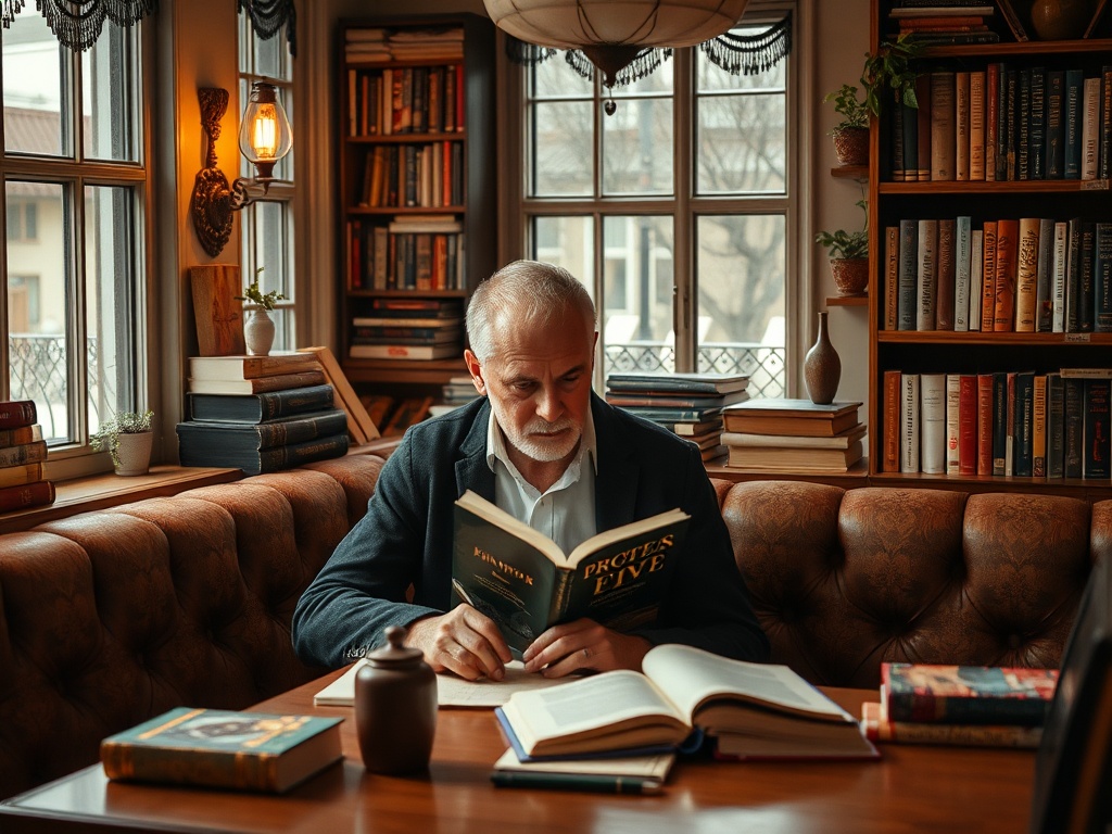 Пожилой мужчина читает книгу в уютной библиотеке с большими окнами и полками, заполненными книгами.