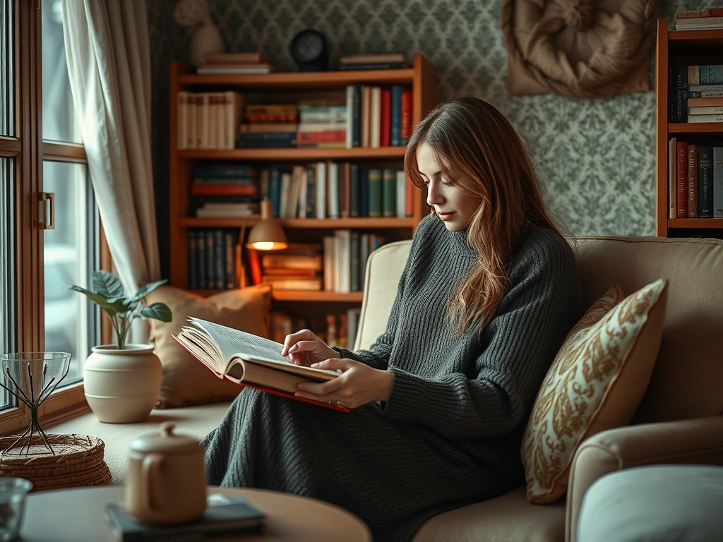 Женщина в сером свитере читает книгу на диване в уютной комнате с книгами и растением рядом.