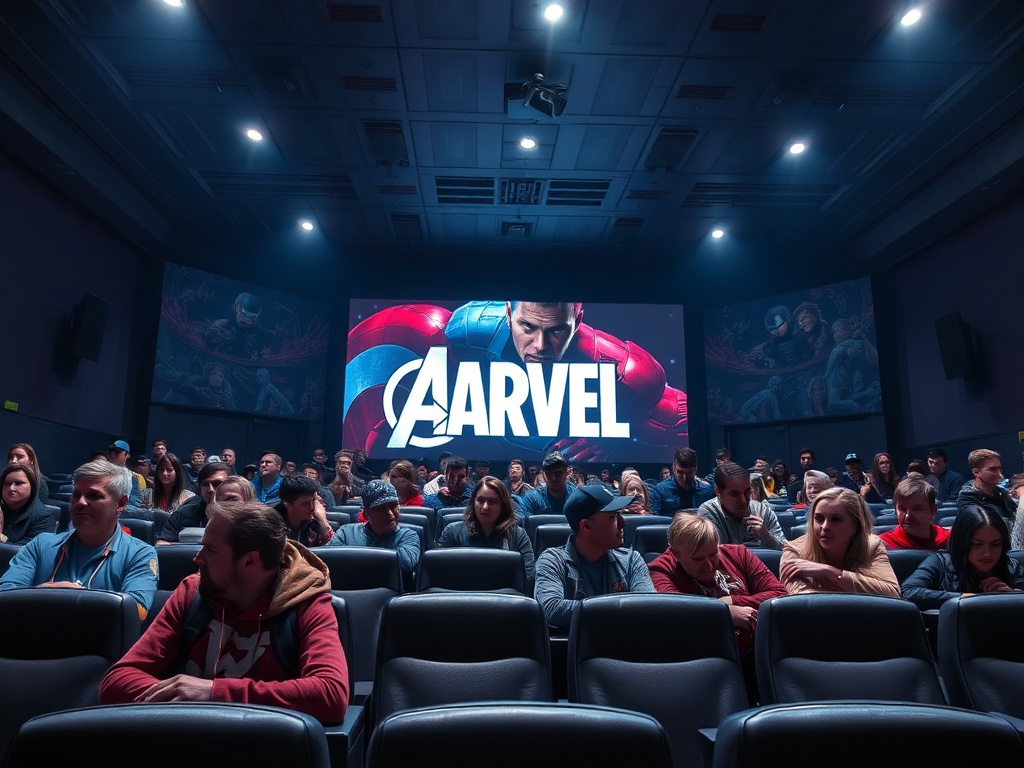 Зал кинотеатра с множеством зрителей и логотипом Marvel на большом экране.