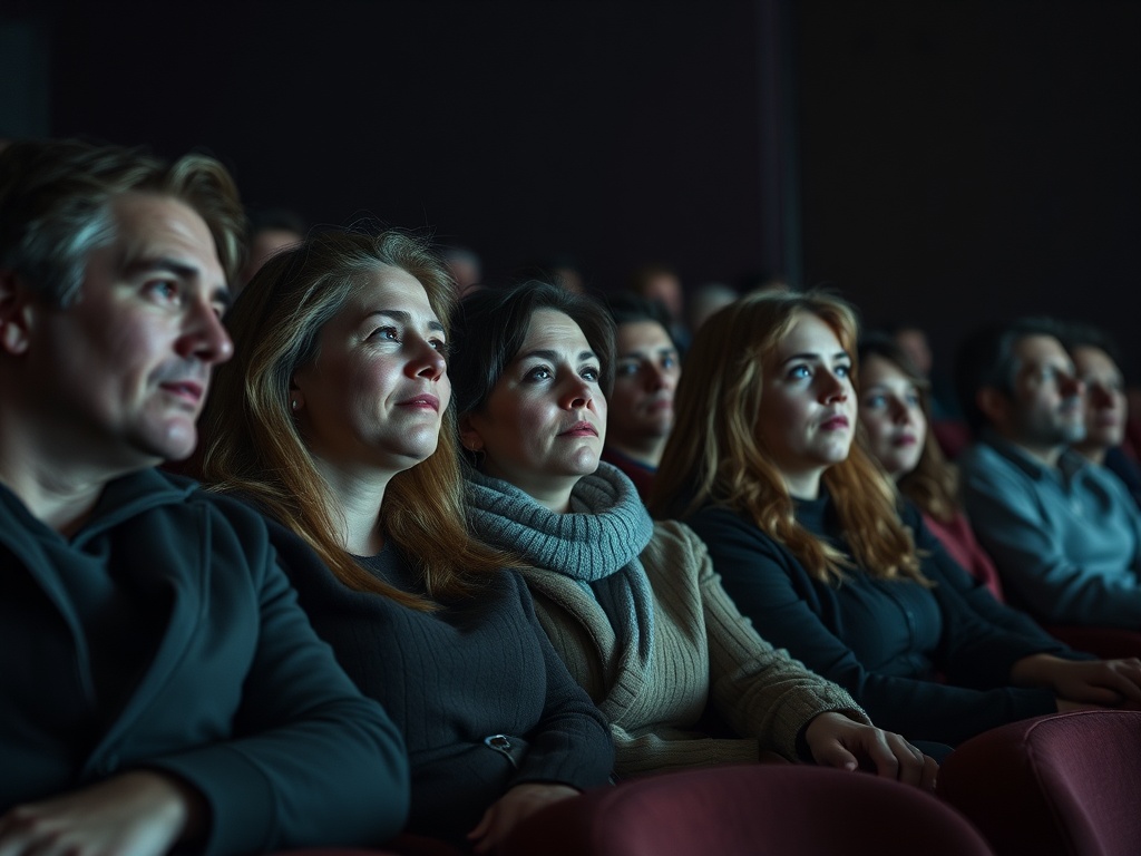 Зрители в кинотеатре внимательно смотрят на экран, погруженные в происходящее.