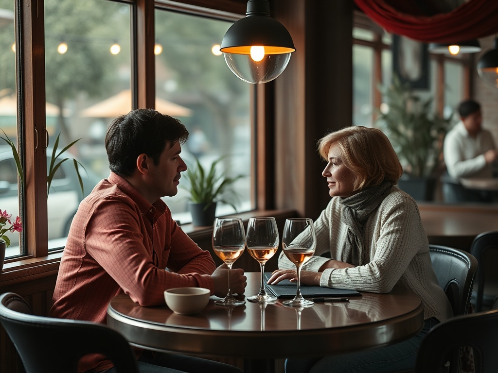 Два человека сидят за круглым столом в кафе, обсуждают что-то важное, перед ними бокалы вина.