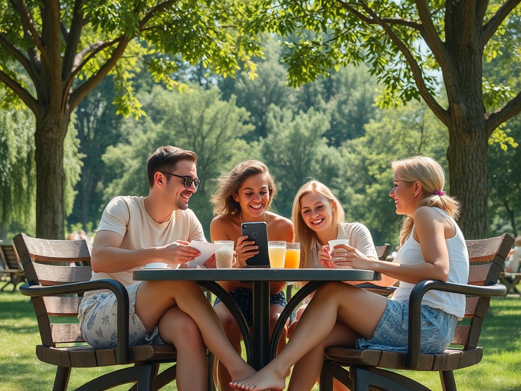 Четыре друга сидят за столом в парке, смеются и смотрят на телефон, наслаждаясь напитками на солнце.
