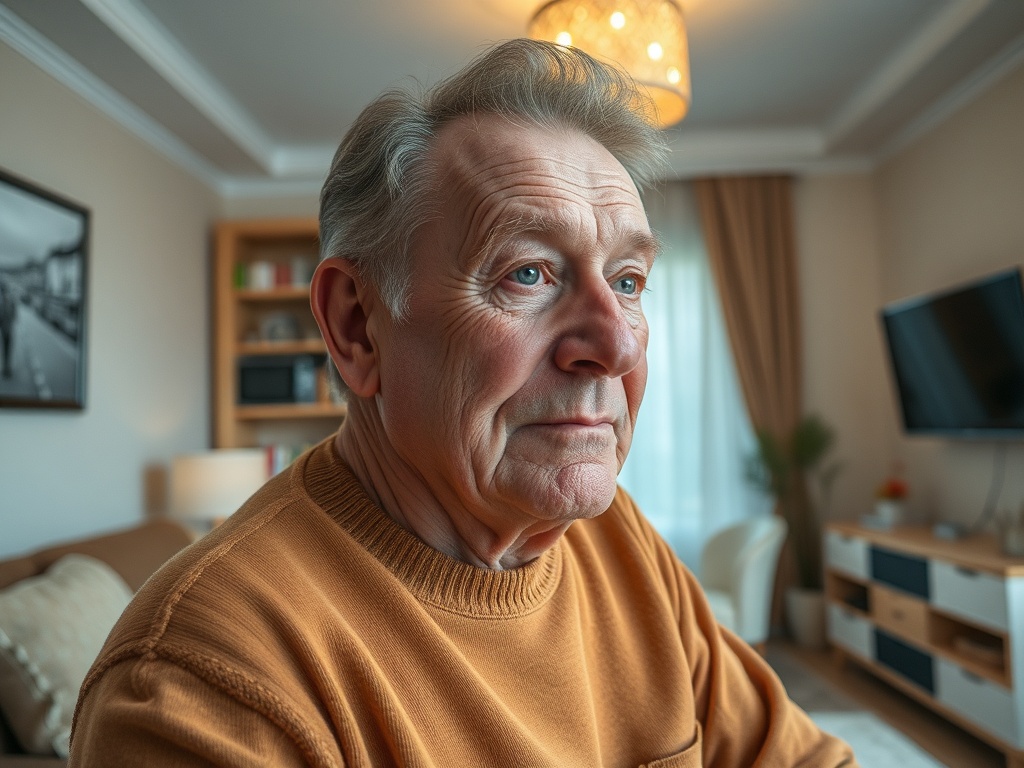 Пожилой мужчина в свитере, задумчиво смотрящий вдаль в уютной комнате. На заднем плане мебель и телевизор.
