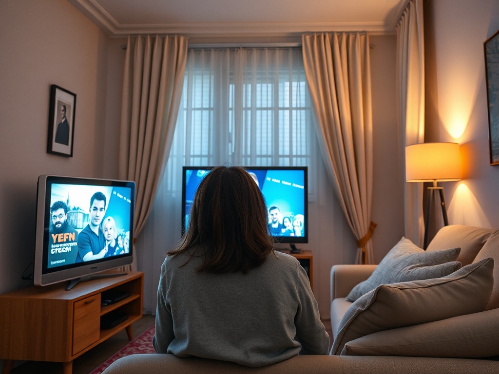 Женщина сидит на диване и смотрит телевизор в уютной комнате. Два экрана отображают различные программы.