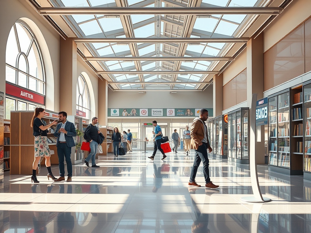 Яркий современный торговый центр с людьми, разговаривающими, и магазинами на фоне больших окон.