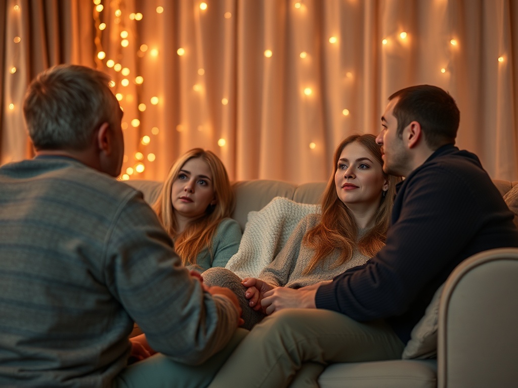 Четыре человека сидят на диване, общаясь в уютной обстановке с огоньками на фоне.