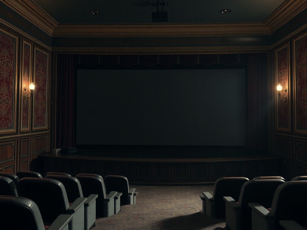 Пустой кинотеатр с красными занавесами и освещением, экран готов к показу.