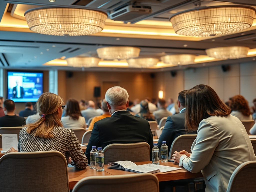На конференции докладчик говорит перед аудиторией, участники слушают и делают заметки.