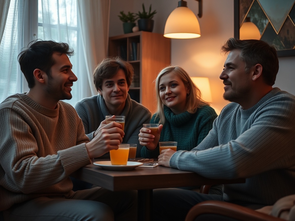 Четыре человека в свитерах смеются и пьют напитки за столом при мягком свете в уютной комнате.