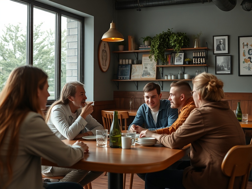 Группа людей сидит за столом в кафе, общаясь и смеясь друг с другом, атмосфера дружелюбная.