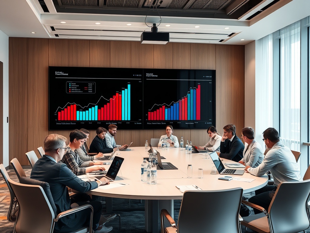 Совещание в кабинете с участниками, обсуждающими графики на экранах и работой на ноутбуках.