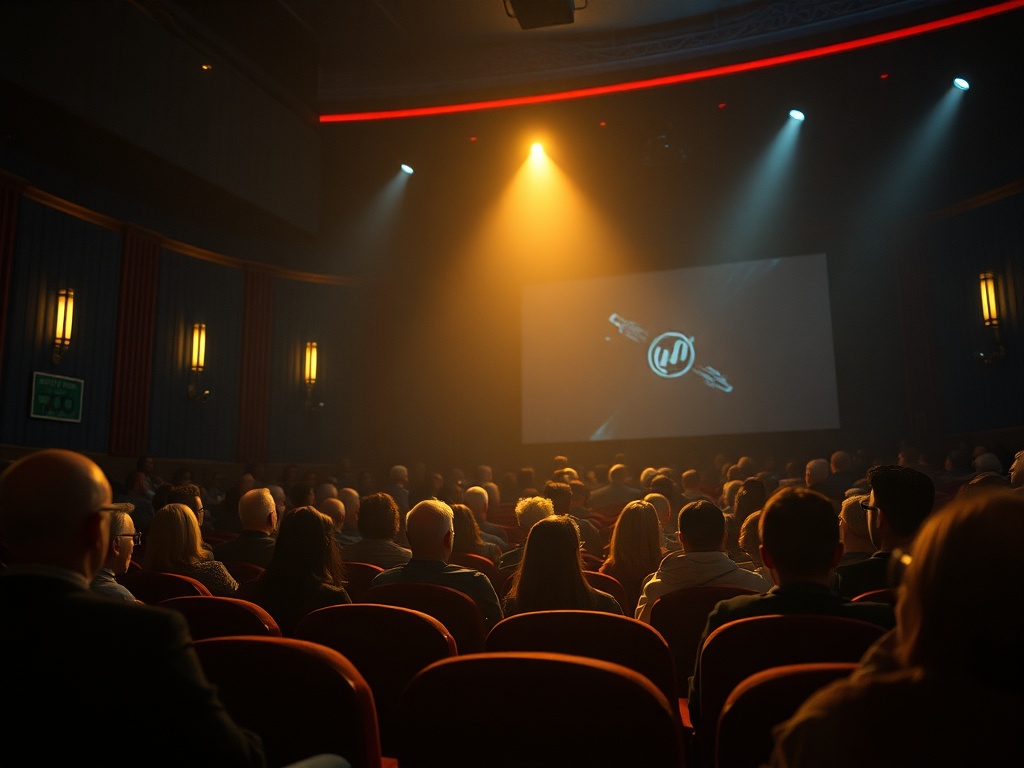 Зал кинотеатра, зрители сидят в креслах, на экране логотип и световые эффекты.