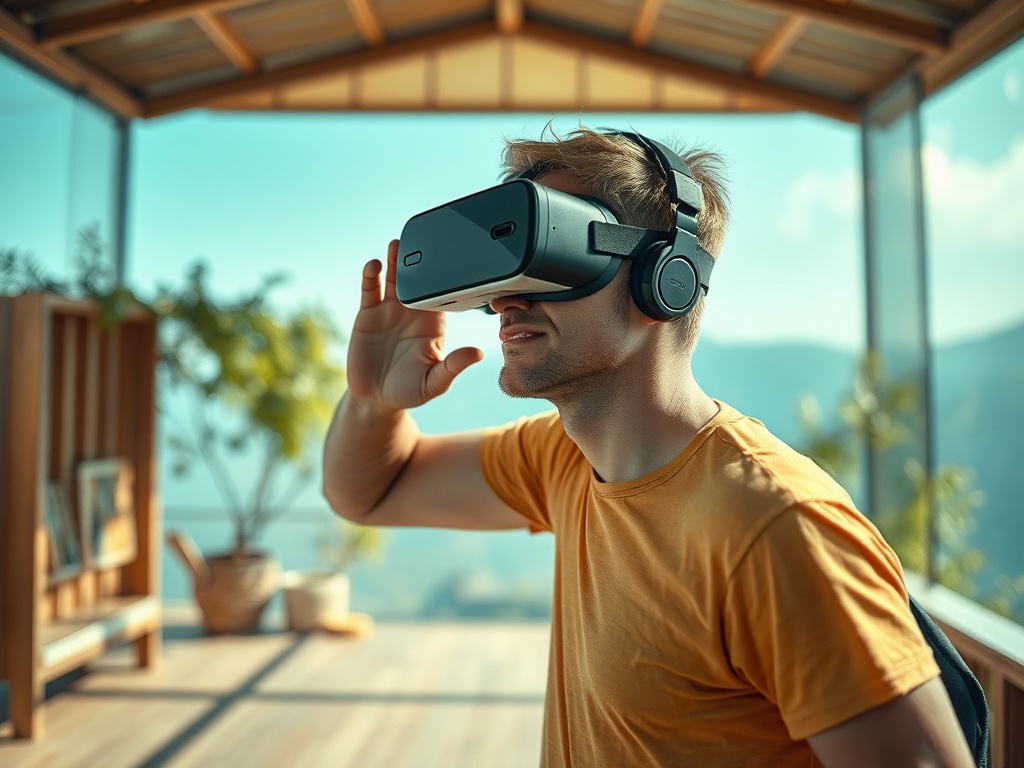 Мужчина в виртуальной реальности, сидя на веранде с видом на горы, в наушниках и очках VR.