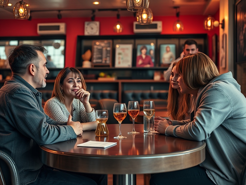 Четыре человека сидят за круглым столом в кафе, обсуждают что-то и пьют напитки. Атмосфера дружелюбная.