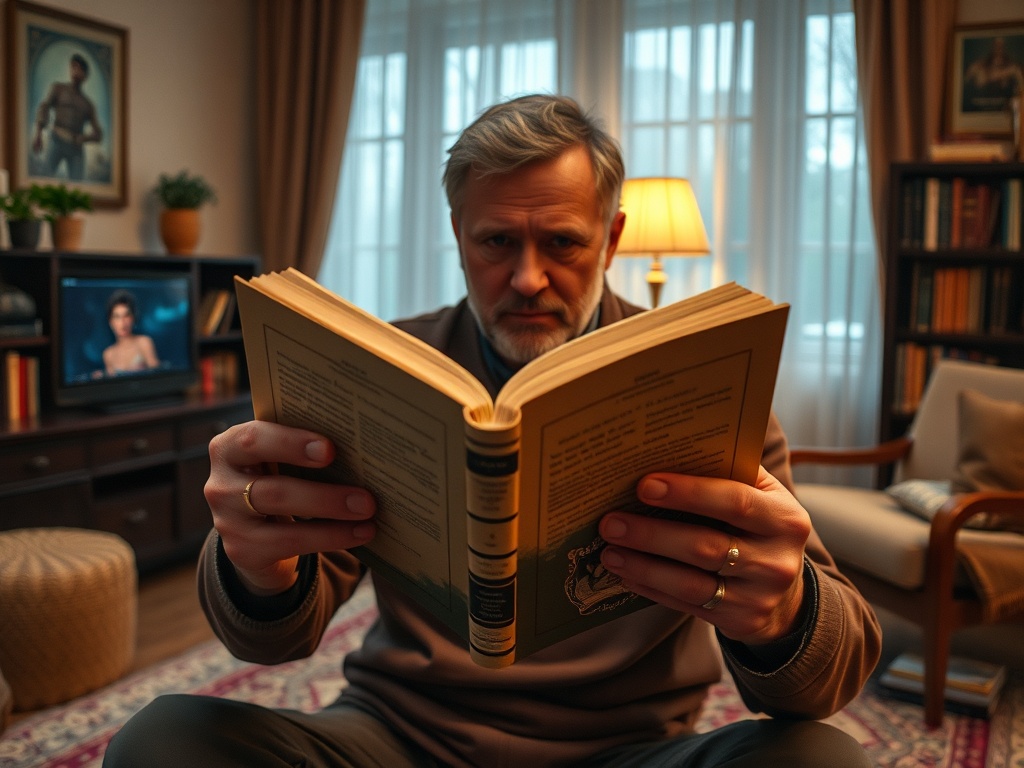 Человек читает книгу в уютной комнате, с телевизором и полками с книгами на фоне.