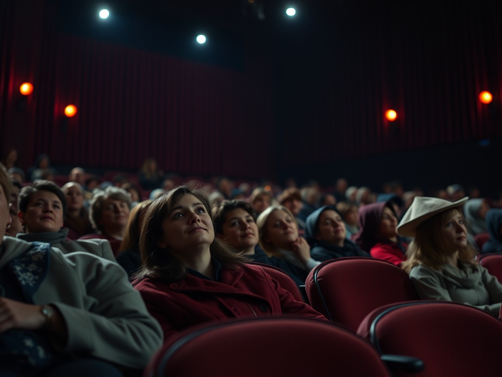 Аудитория смотрит на экран в кинотеатре, увлечённо наблюдая за фильмом. Низкое освещение создает атмосферу.