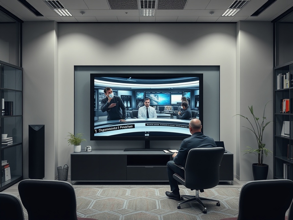 Мужчина сидит на стуле и смотрит на телевизор с передачей в современном офисе.