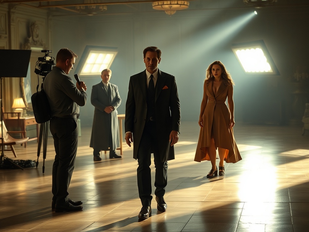 На изображении три человека на съемочной площадке, освещенные светом, один из них направляется вперед.