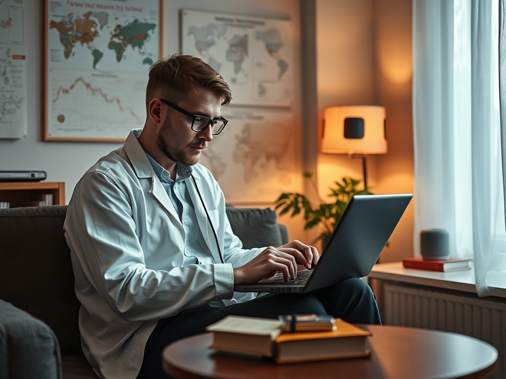 Мужчина в Lab-костюме работает за ноутбуком в уютной комнате с растениями и книгами вокруг.