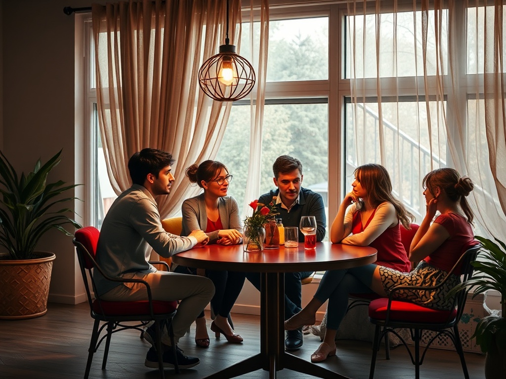 Группа людей обсуждает что-то за круглым столом в уютном интерьере, рядом растения и окна с занавесками.