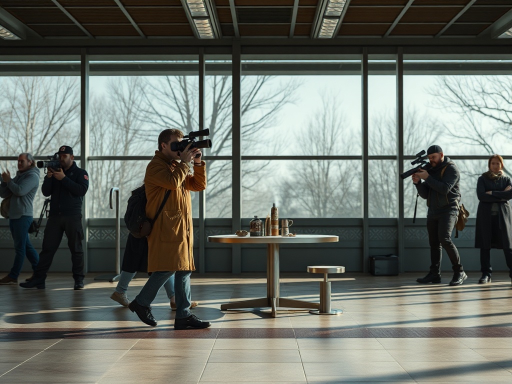Группа людей с видеокамерами в помещении с большими окнами и видом на природу.