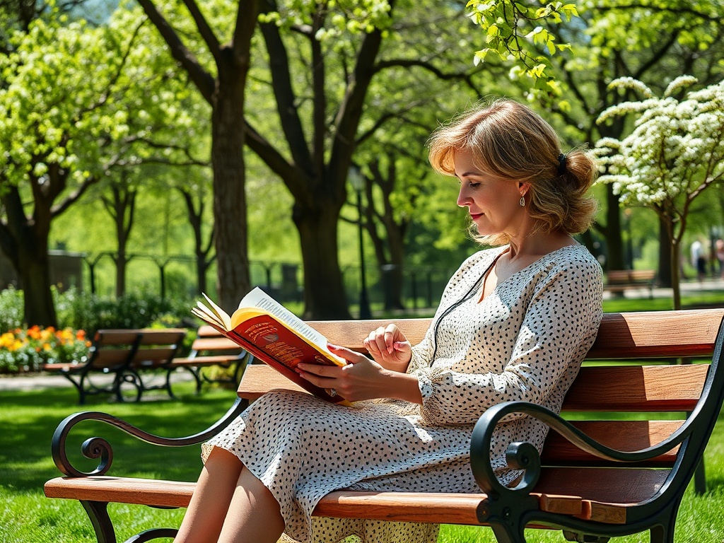 Женщина читает книгу на скамейке в парке, окруженном зелеными деревьями и цветами. Солнечный день.