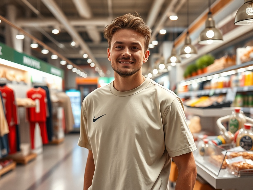 Молодой человек в светлой футболке улыбается на фоне магазина с продуктами и спортивной одеждой.