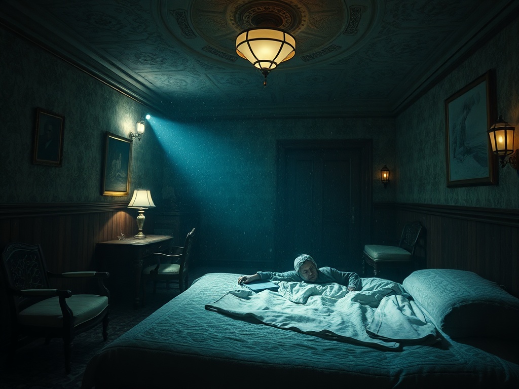 В темной комнате человек лежит на кровати, свет падает из окна, создавая загадочную атмосферу.