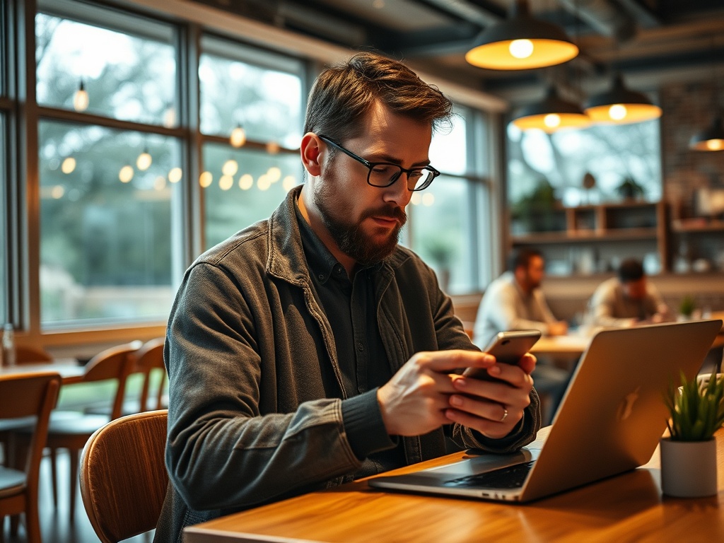 Мужчина с очками использует смартфон за столом в кафе, рядом стоит ноутбук и зеленое растение.