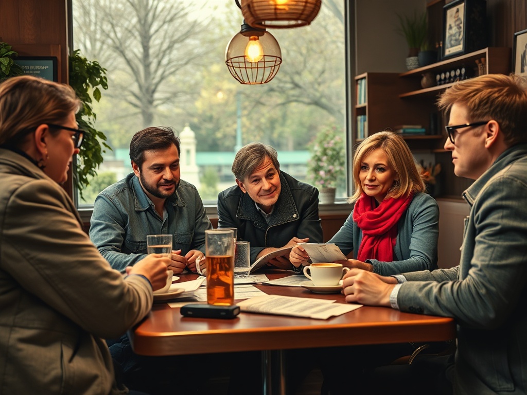 Группа людей обсуждает что-то за столом в уютном кафе, вокруг напитки и документы.