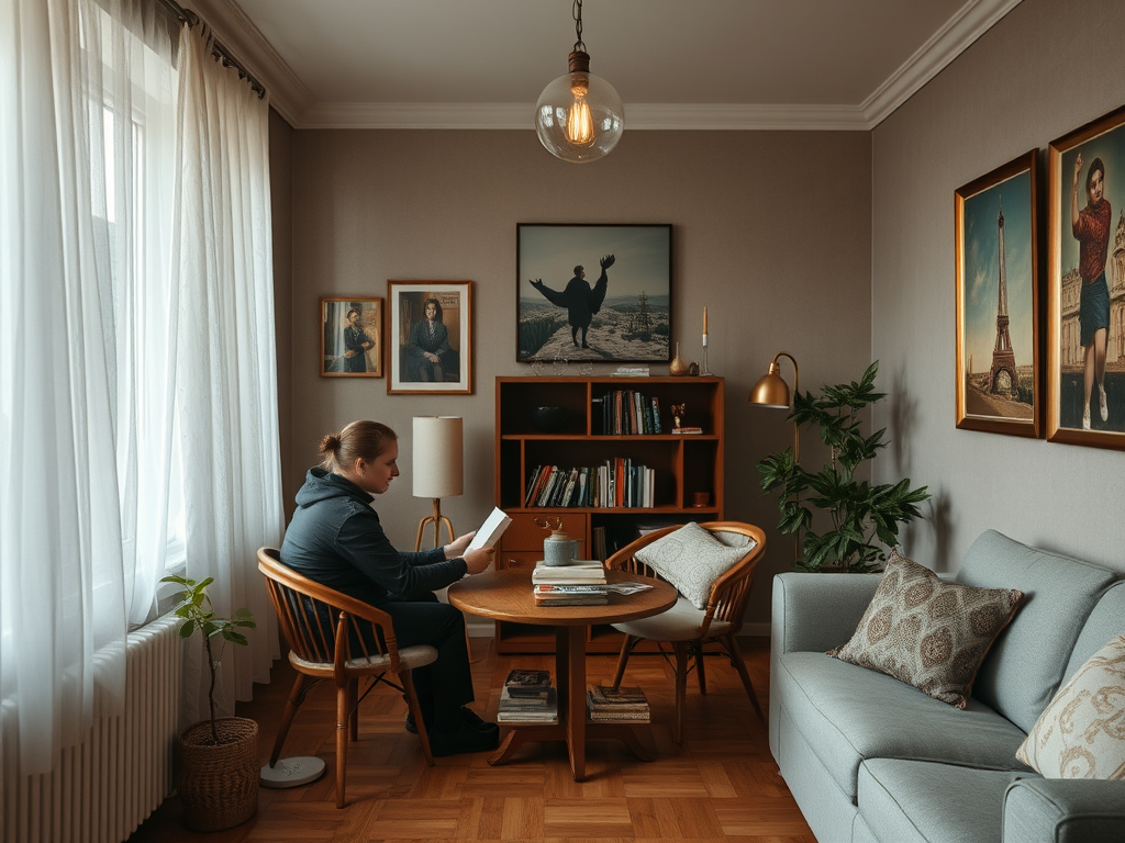 В уютной комнате человек читает книгу за круглым столом, окруженный книгами и картинами на стенах.