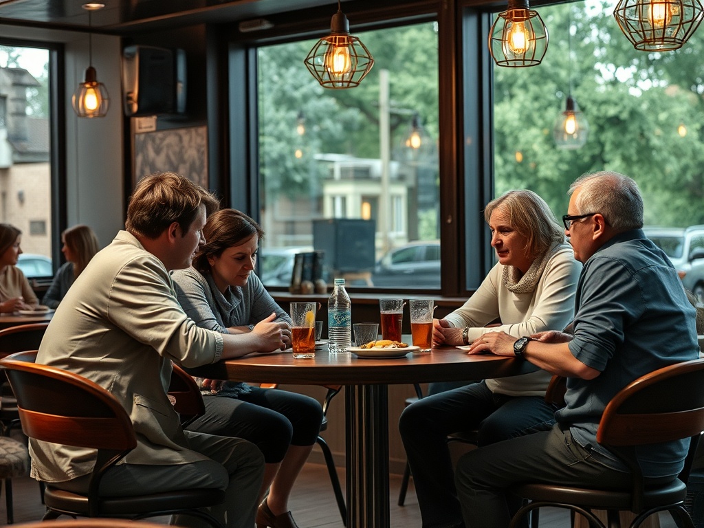 Четыре человека общаются за столом в кафе, с напитками и закусками на столе. Уютная атмосфера.