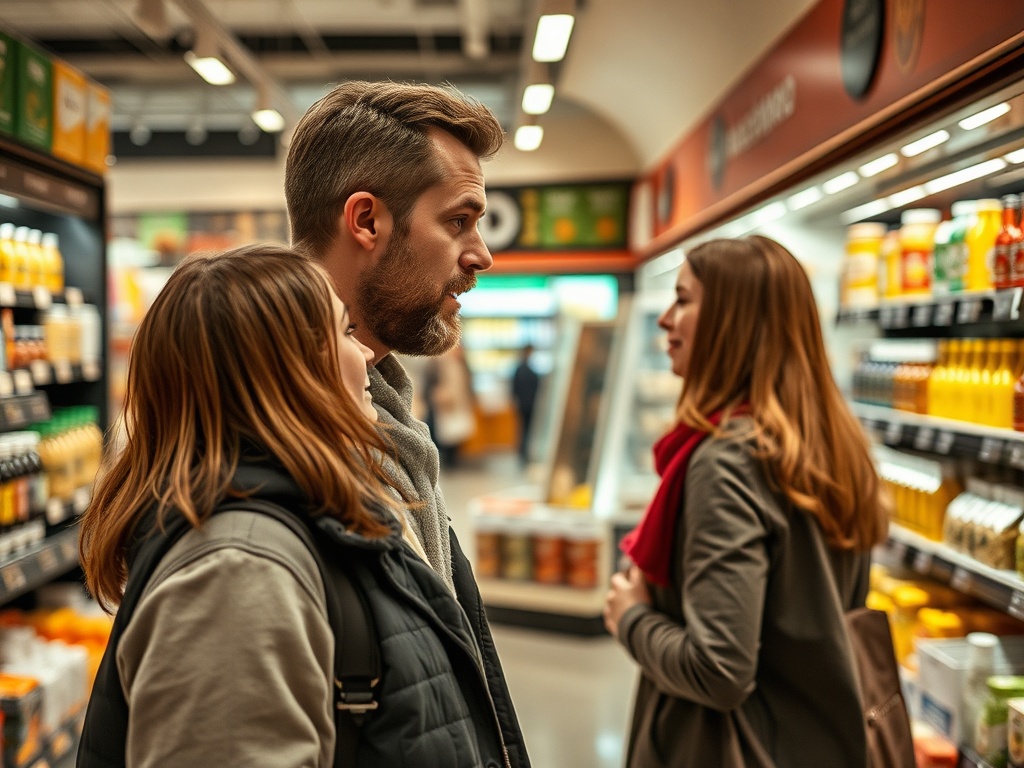 В магазине трое людей обсуждают продукты на полках с соками и напитками. Атмосфера оживленная.
