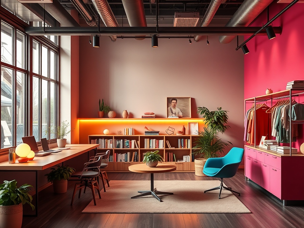 Современный офис с яркими стенами, мягкой мебелью и освещением, создающим уютную атмосферу.