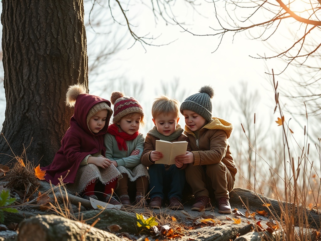 Четыре ребенка сидят у дерева и читают книгу на фоне осеннего пейзажа. Зима на подходе.