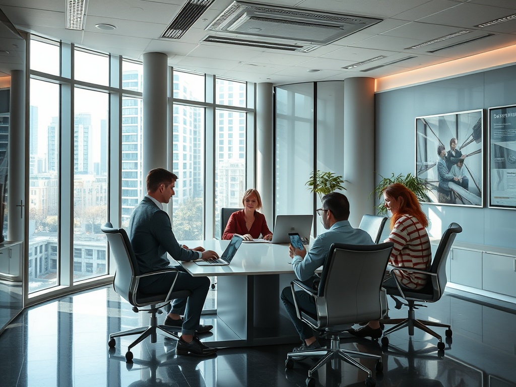 Четыре человека ведут деловую встречу в современном офисе с большими окнами и видом на город.