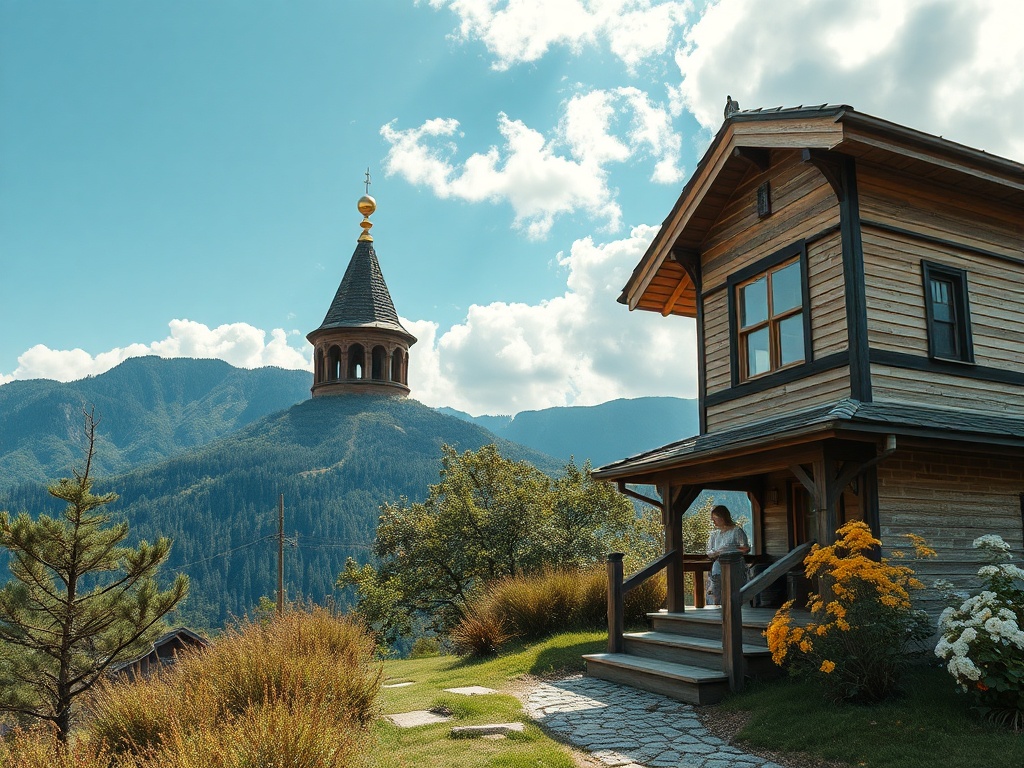 На фото деревянный дом и церковь на фоне гор, солнечное небо и зелёные растения вокруг.