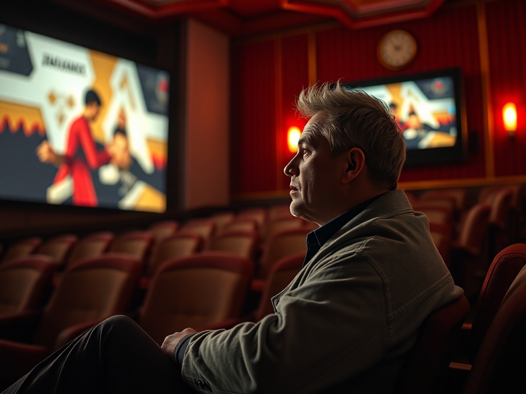 Мужчина сидит в кинотеатре, на фоне экранов с изображениями фильмов, в атмосфере уюта и ожидания.