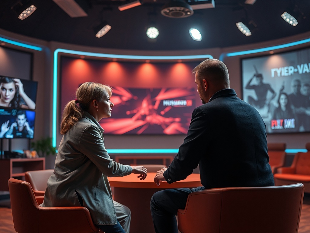 Два человека беседуют в современном студийном интерьере с экранами и ярким освещением.