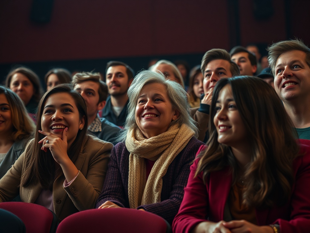 На фото люди в зрительном зале, улыбающиеся и наслаждающиеся представлением. Атмосфера весёлого ожидания.