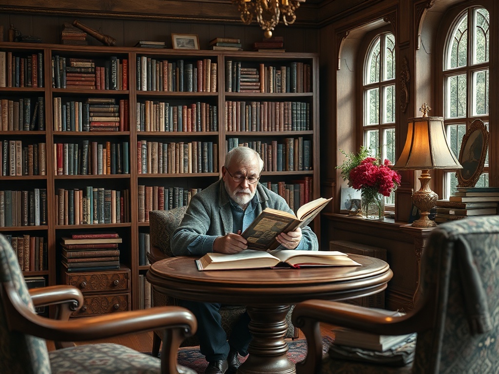 Пожилой мужчина читает книгу в уютной библиотеке, окружённой стеллажами с книгами и светильниками.