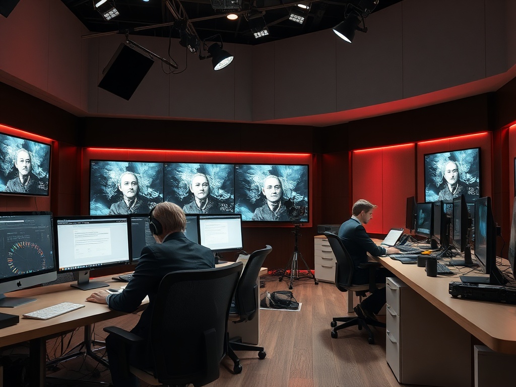 Два человека работают за компьютерами в современном офисе с экранами и красной подсветкой.