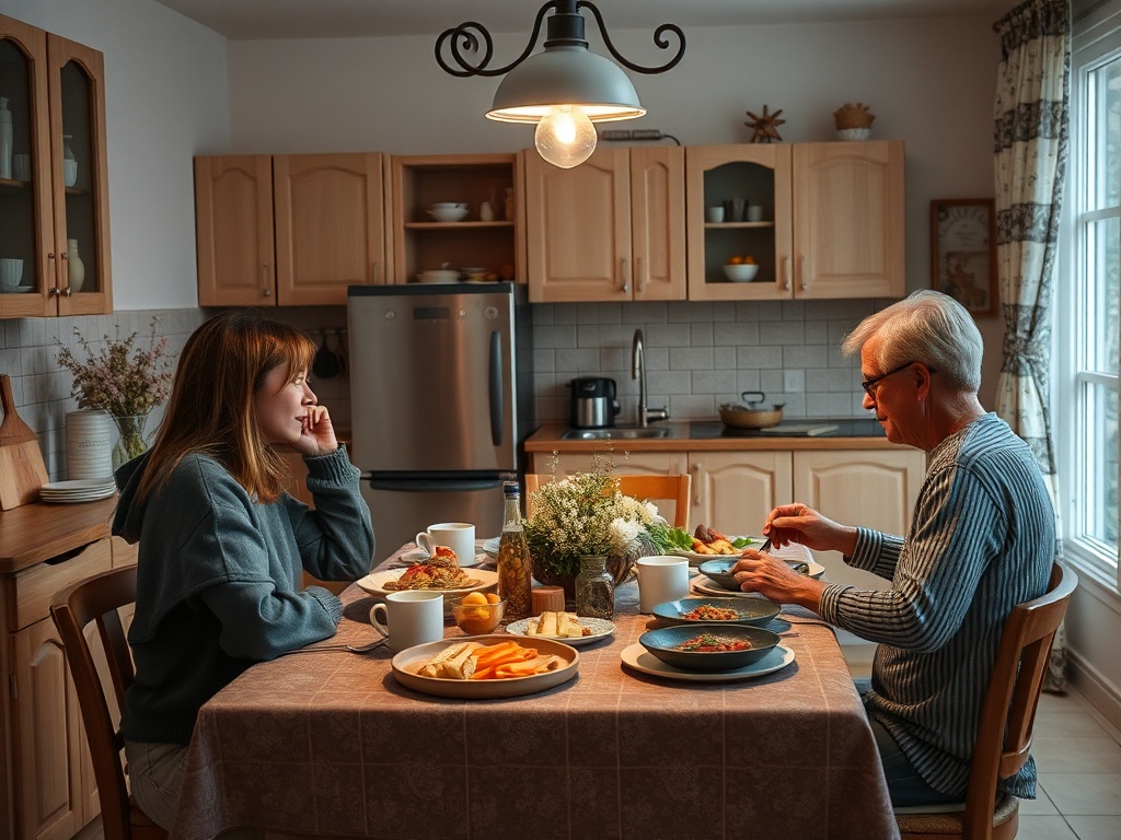 В уютной кухне женщина и пожилой мужчина наслаждаются завтраком за столом, окруженные домашним уютом.