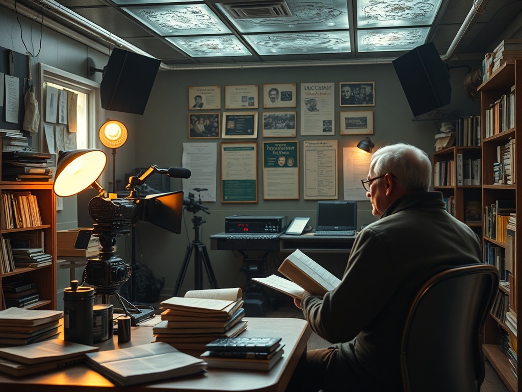 Старший человек читает книгу в комнате с книгами и кинооборудованием. Светильники создают уютную атмосферу.