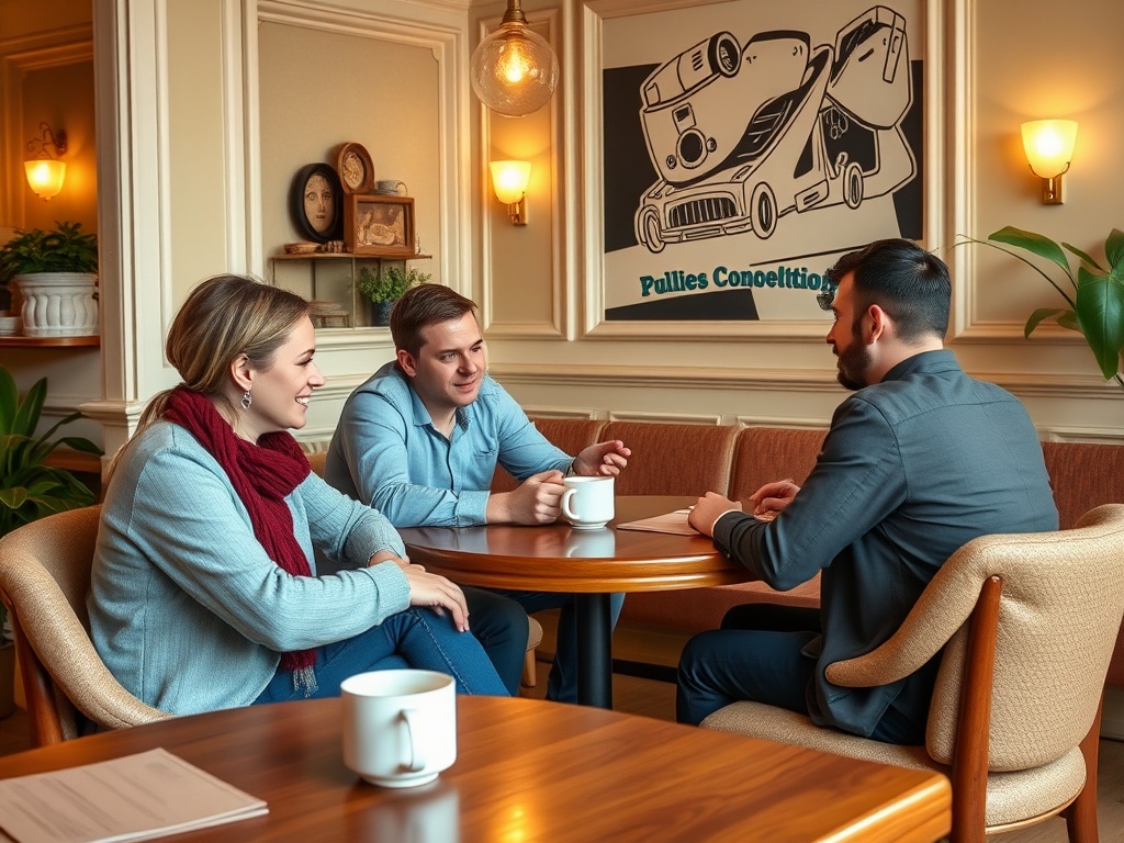 Трое людей беседуют за столом в уютном кафе, на стене картина с изображением автомобилей.